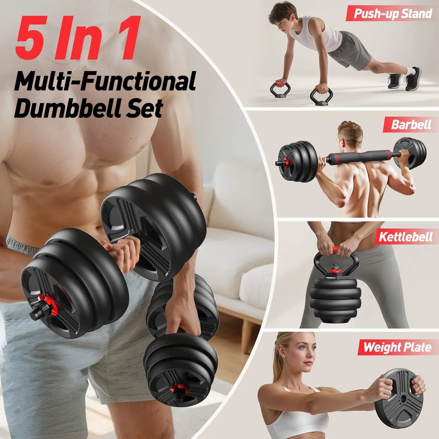 FITPLAM 5-in-1 Adjustable Dumbbell Set (20–90 LB)