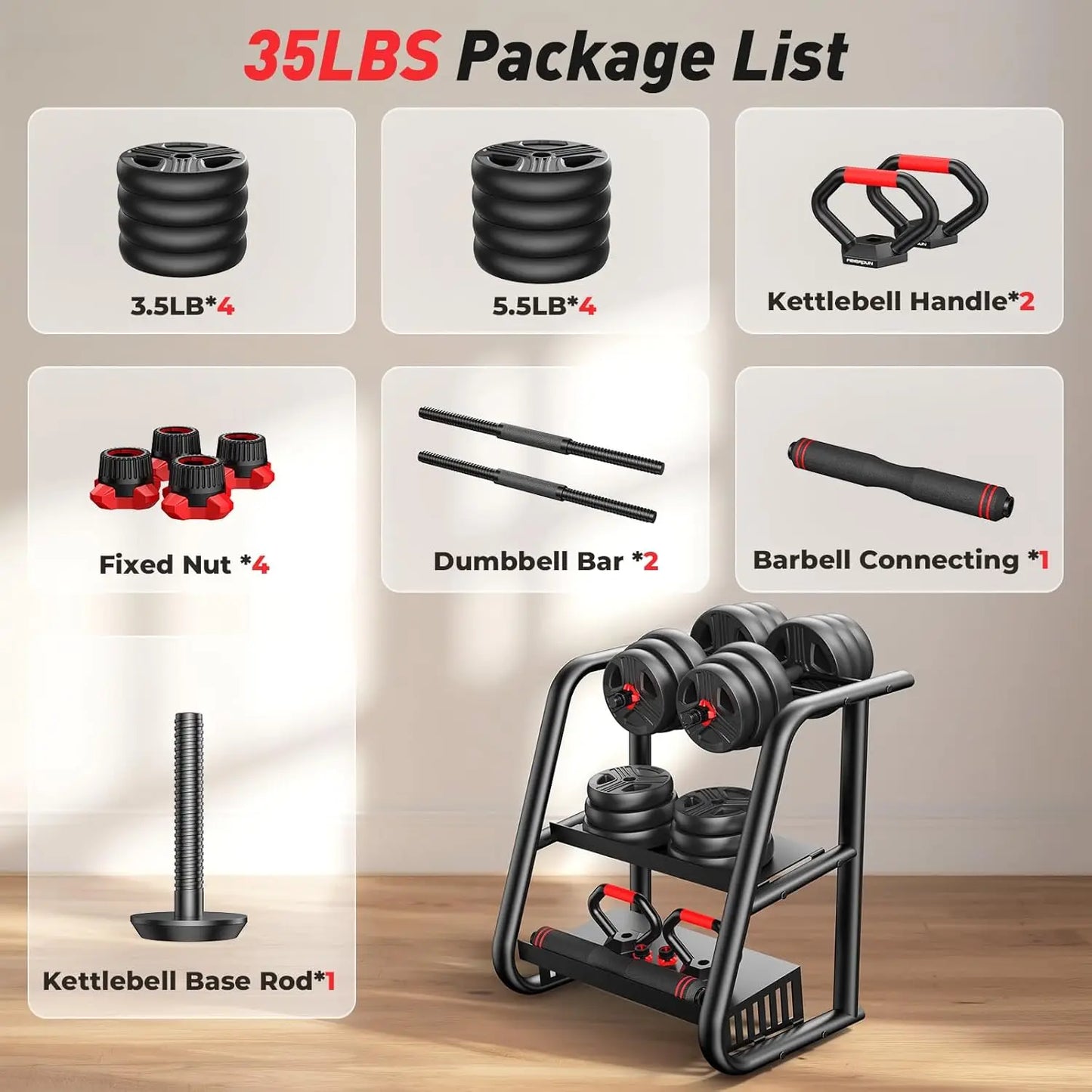FITPLAM 5-in-1 Adjustable Dumbbell Set (20–90 LB)