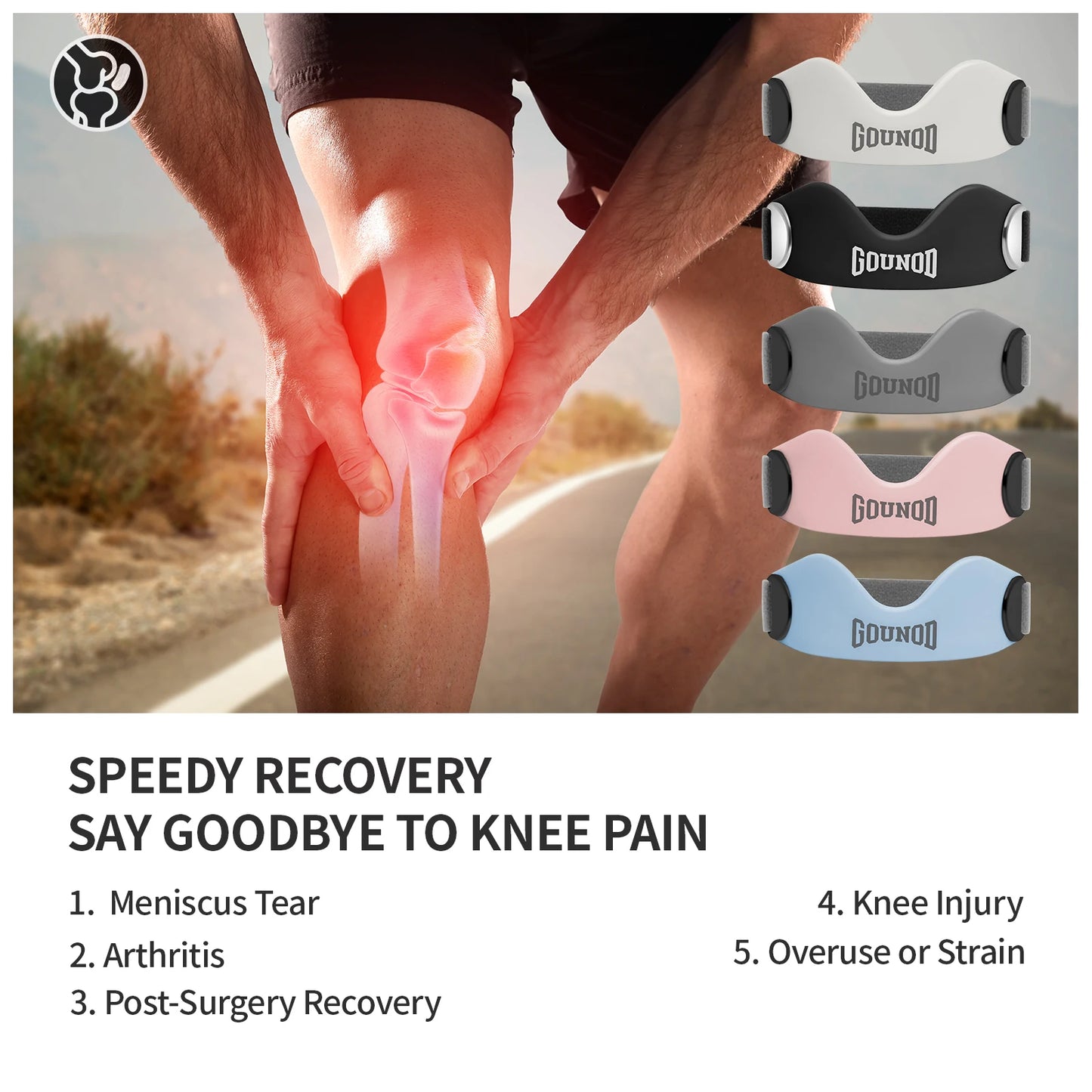 GOUNOD Silicone Patellar Tendon Support Strap for Knee Pain Relief Non-slip Adjustable Knee Straps Running Hiking Patella Band