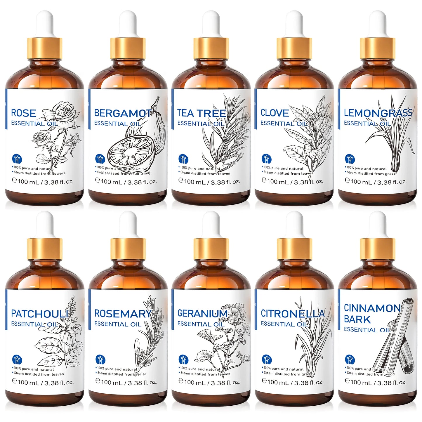 HIQILI 100ml Natural Essential Oil, Geranium/Tea Tree/Rosemary/Rose/Vanilla/Lavender/Peppermint, Used For Humidifiers/Diffusers