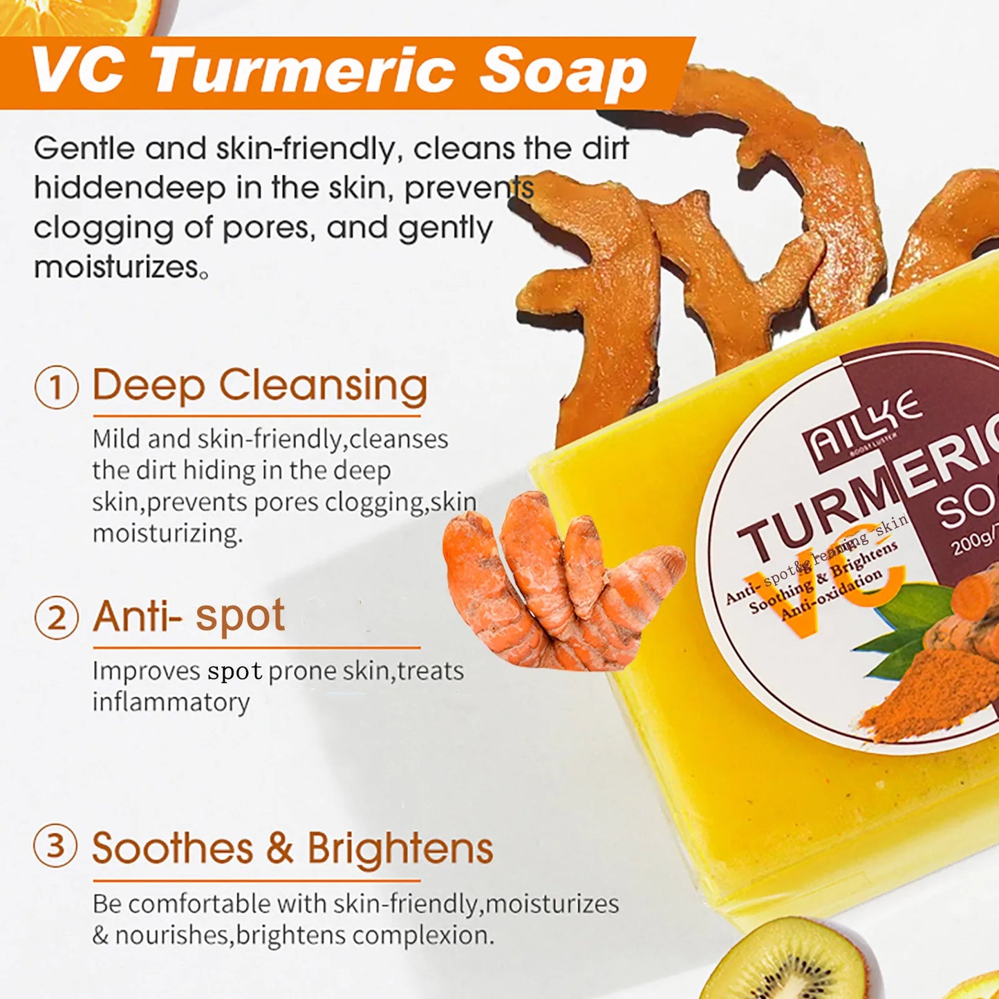 AILKE Natural Turmeric Soap Bar, Brighten, Remove Darkness, Acne, Pimples, Cleaning, Exfoliates, Uneven Skin Tone, 200g