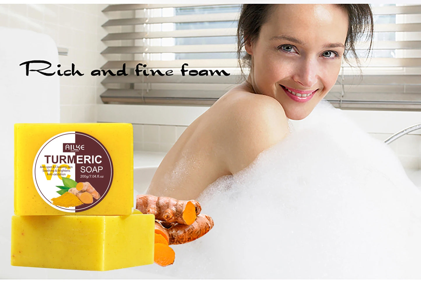 AILKE Natural Turmeric Soap Bar, Brighten, Remove Darkness, Acne, Pimples, Cleaning, Exfoliates, Uneven Skin Tone, 200g