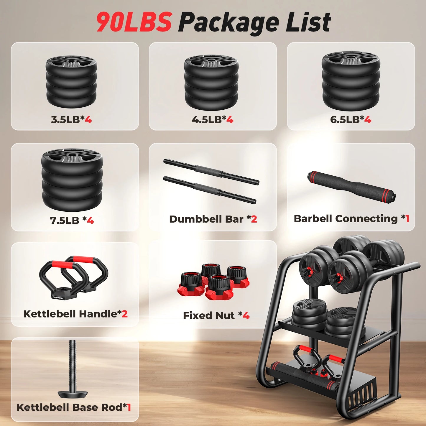 FITPLAM 5-in-1 Adjustable Dumbbell Set (20–90 LB)