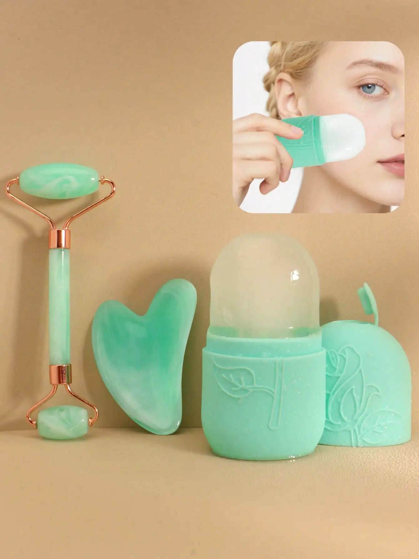 3pcs/Set Facial Massage Scraping Beauty Tool Kit - Face Roller, Massage Stick, Ice Gel Pack, Pink Body Meridian Massage Cupping