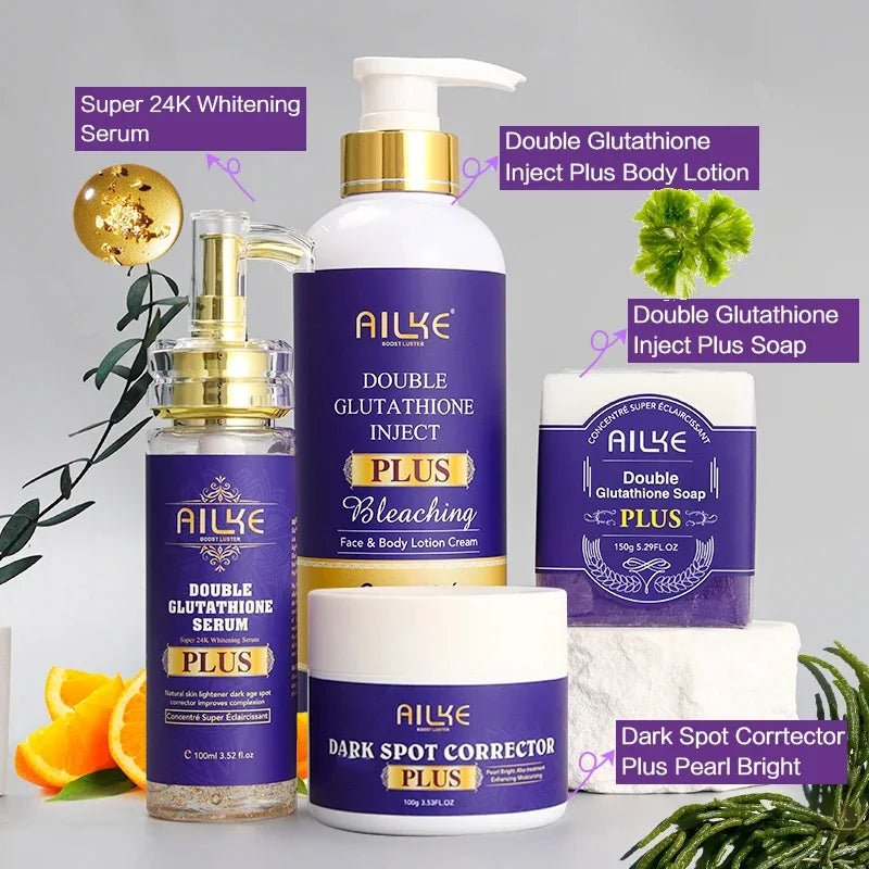 AILKE Glutathione PLUS Whitening Skin Care Set, Advanced Lightening Lotion, Moisturizes, Softens, Brighten Kit for Men, Women