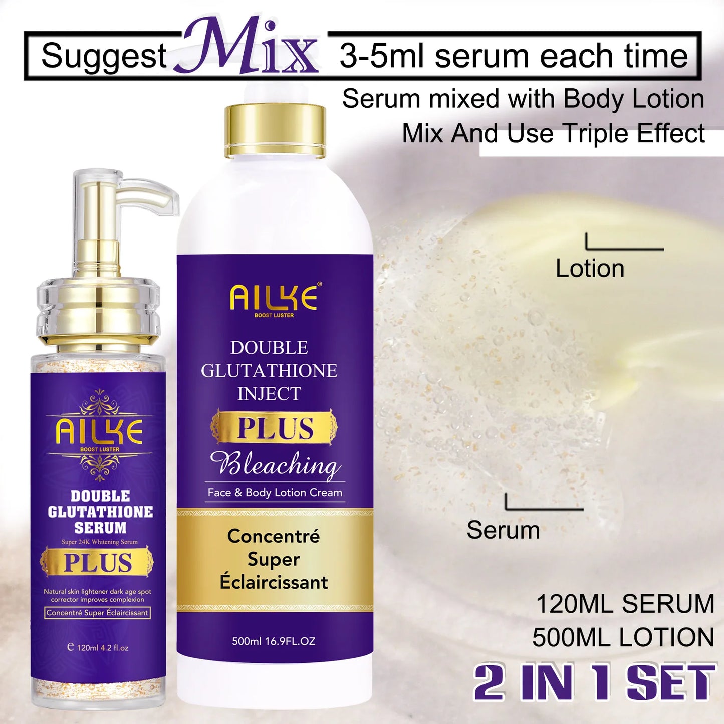 AILKE Glutathione PLUS Whitening Skin Care Set, Advanced Lightening Lotion, Moisturizes, Softens, Brighten Kit for Men, Women