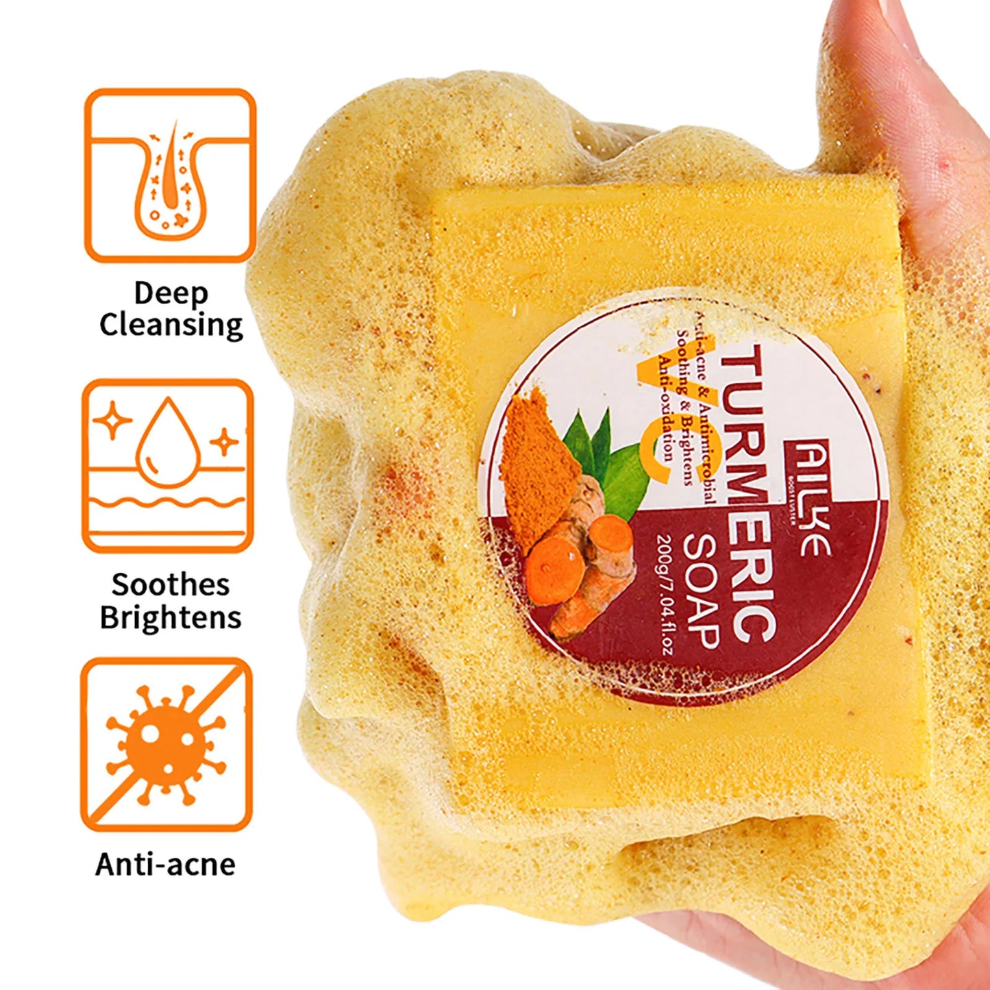 AILKE Natural Turmeric Soap Bar, Brighten, Remove Darkness, Acne, Pimples, Cleaning, Exfoliates, Uneven Skin Tone, 200g