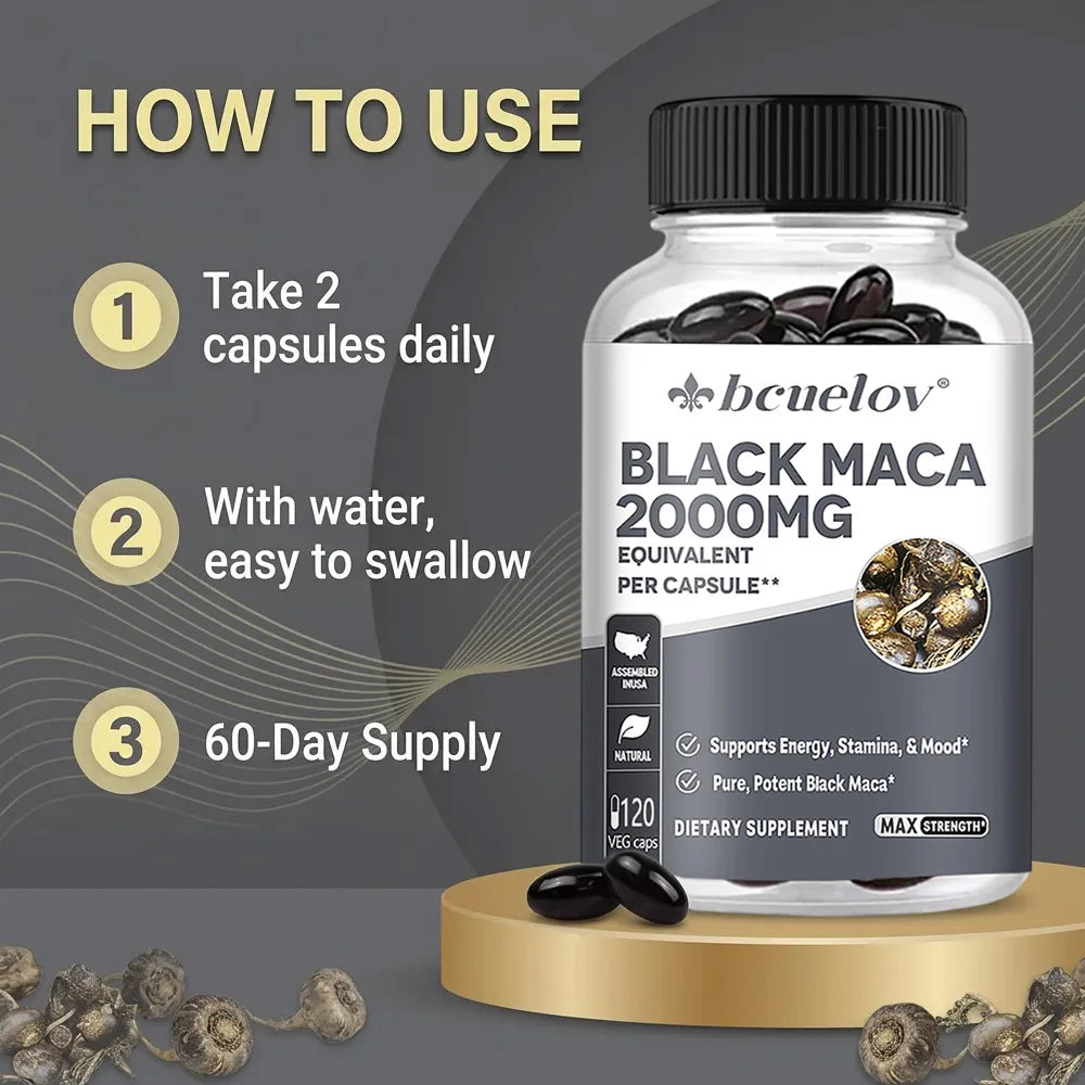 Black Maca Capsules 20000mg - Supports Brain Function, Promotes Muscle Growth & Recovery,Super Absorption, Improve Vitality