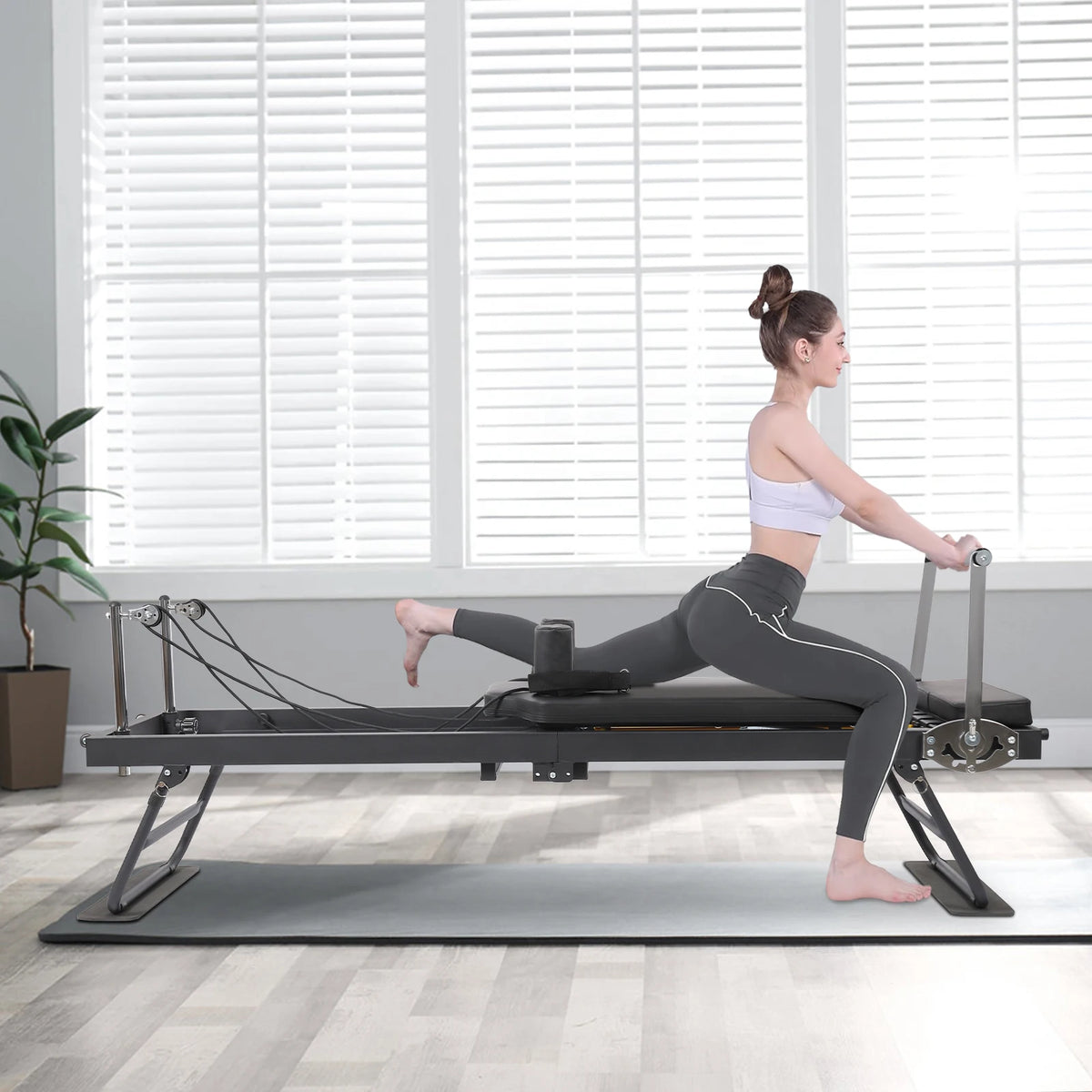 Foldable Pilates Reformer Machine Portable Fitness Equipment Multifunctional Yoga Fitness Equipment Pilates Exercise Equipment Grey/Black Use in Homes/Offices/Yoga Studios/Gyms
