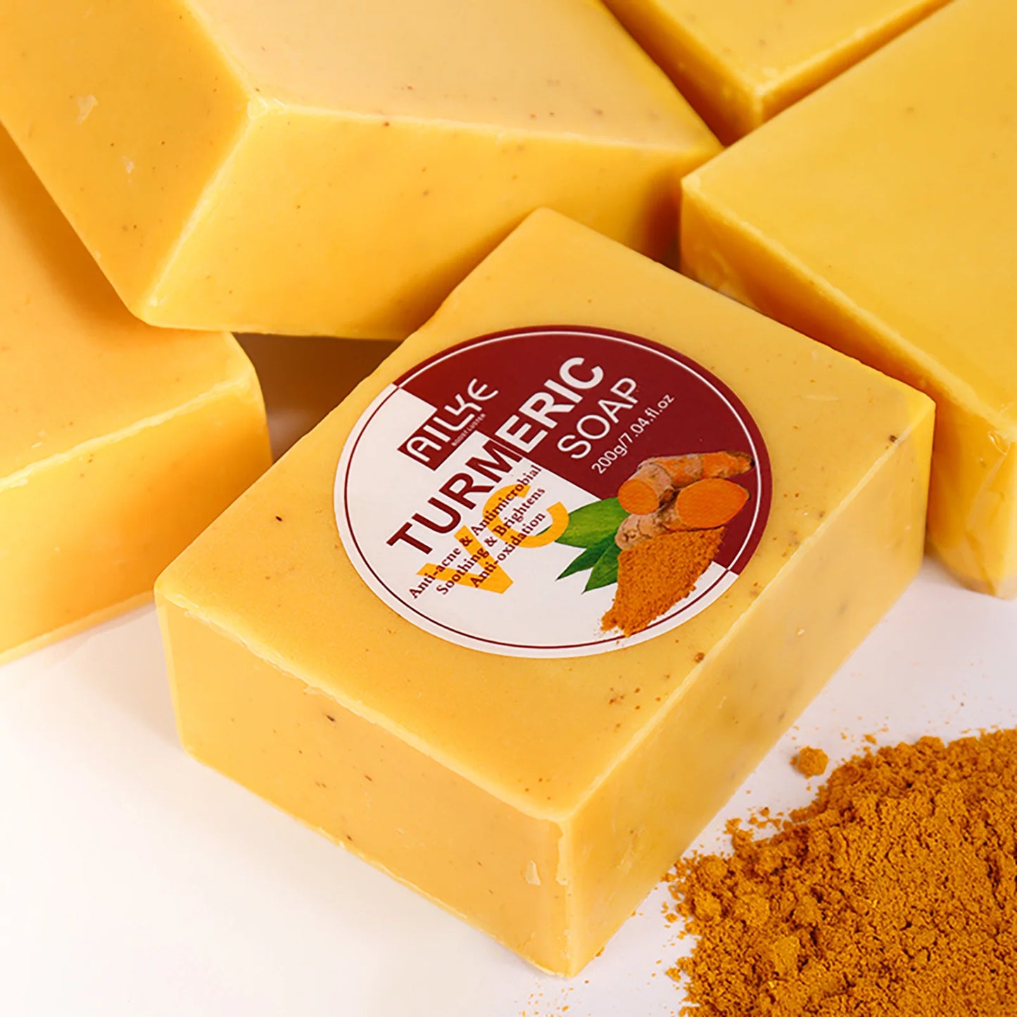 AILKE Natural Turmeric Soap Bar, Brighten, Remove Darkness, Acne, Pimples, Cleaning, Exfoliates, Uneven Skin Tone, 200g