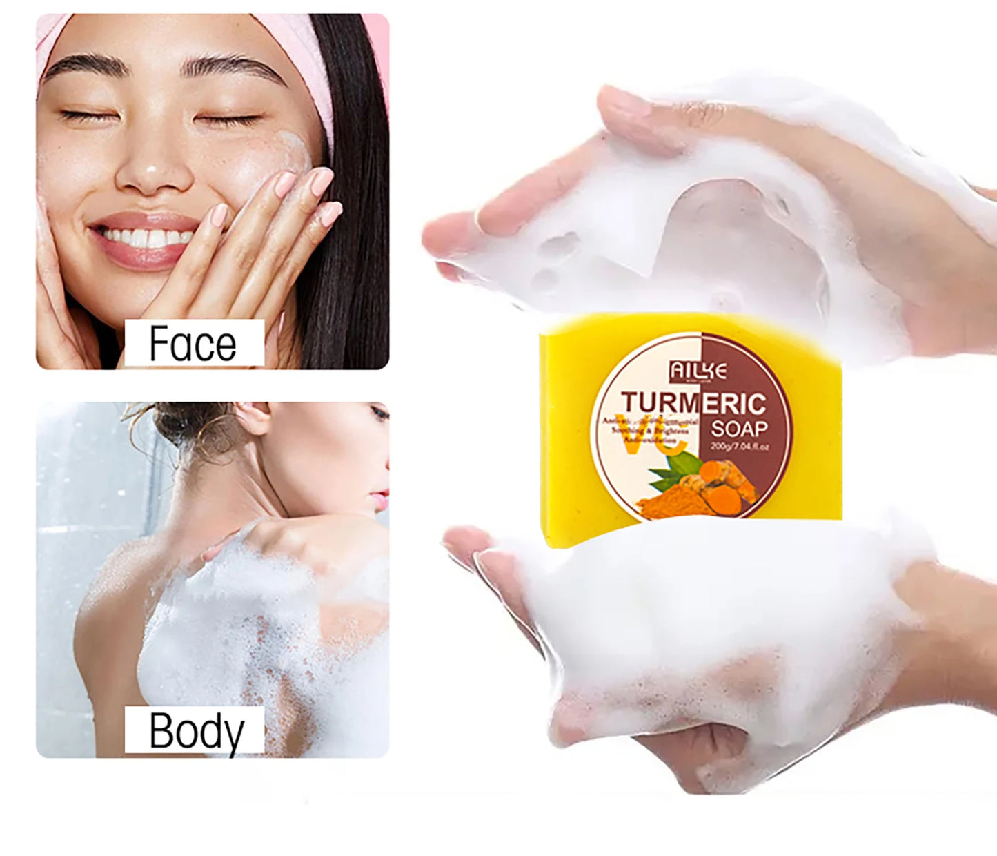 AILKE Natural Turmeric Soap Bar, Brighten, Remove Darkness, Acne, Pimples, Cleaning, Exfoliates, Uneven Skin Tone, 200g