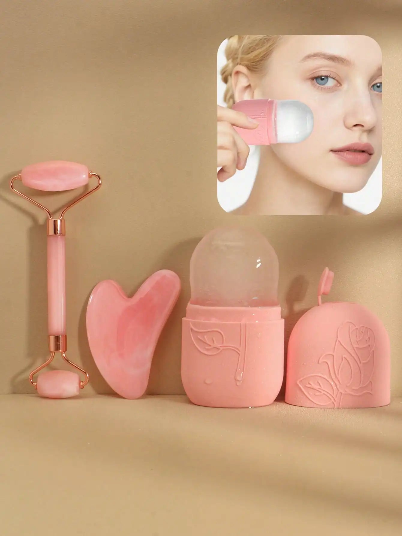3pcs/Set Facial Massage Scraping Beauty Tool Kit - Face Roller, Massage Stick, Ice Gel Pack, Pink Body Meridian Massage Cupping