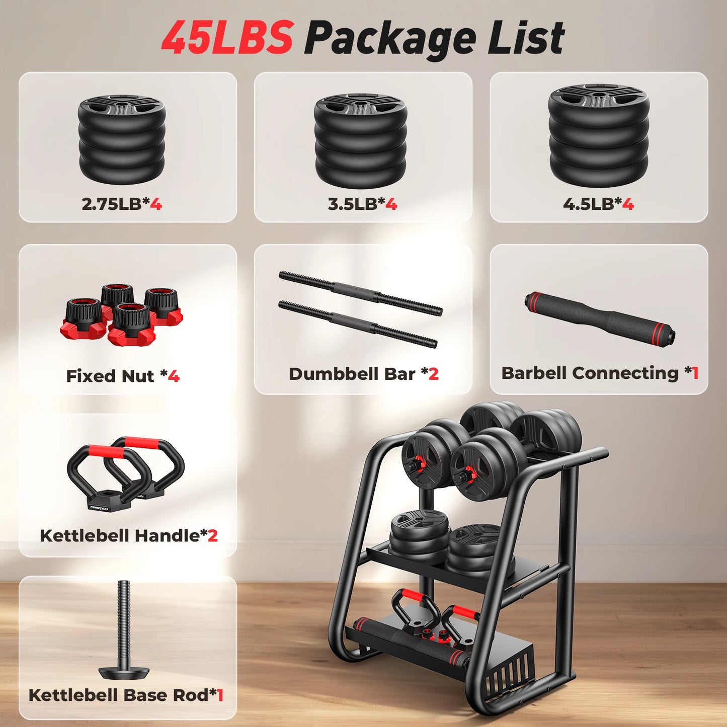 FITPLAM 5-in-1 Adjustable Dumbbell Set (20–90 LB)
