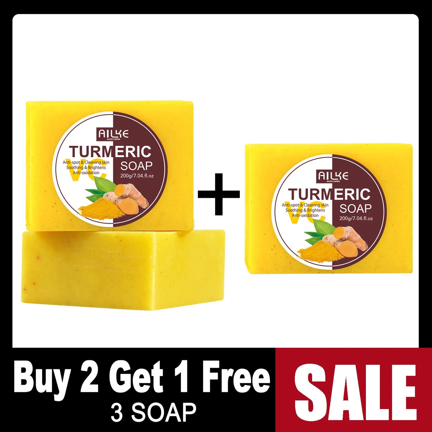 AILKE Natural Turmeric Soap Bar, Brighten, Remove Darkness, Acne, Pimples, Cleaning, Exfoliates, Uneven Skin Tone, 200g