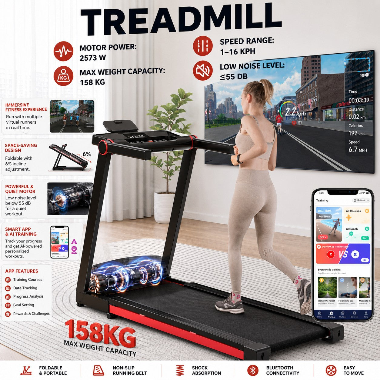 3.5HP Foldable Treadmill 350lbs Adjustable 6% Incline Walkingpad for Home/Office LCD APP Data Treadmills 10MPH Exercise Machine